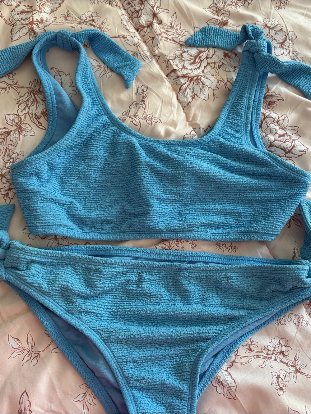 Textured Sky Blue Tie-Shoulder Bikini Set